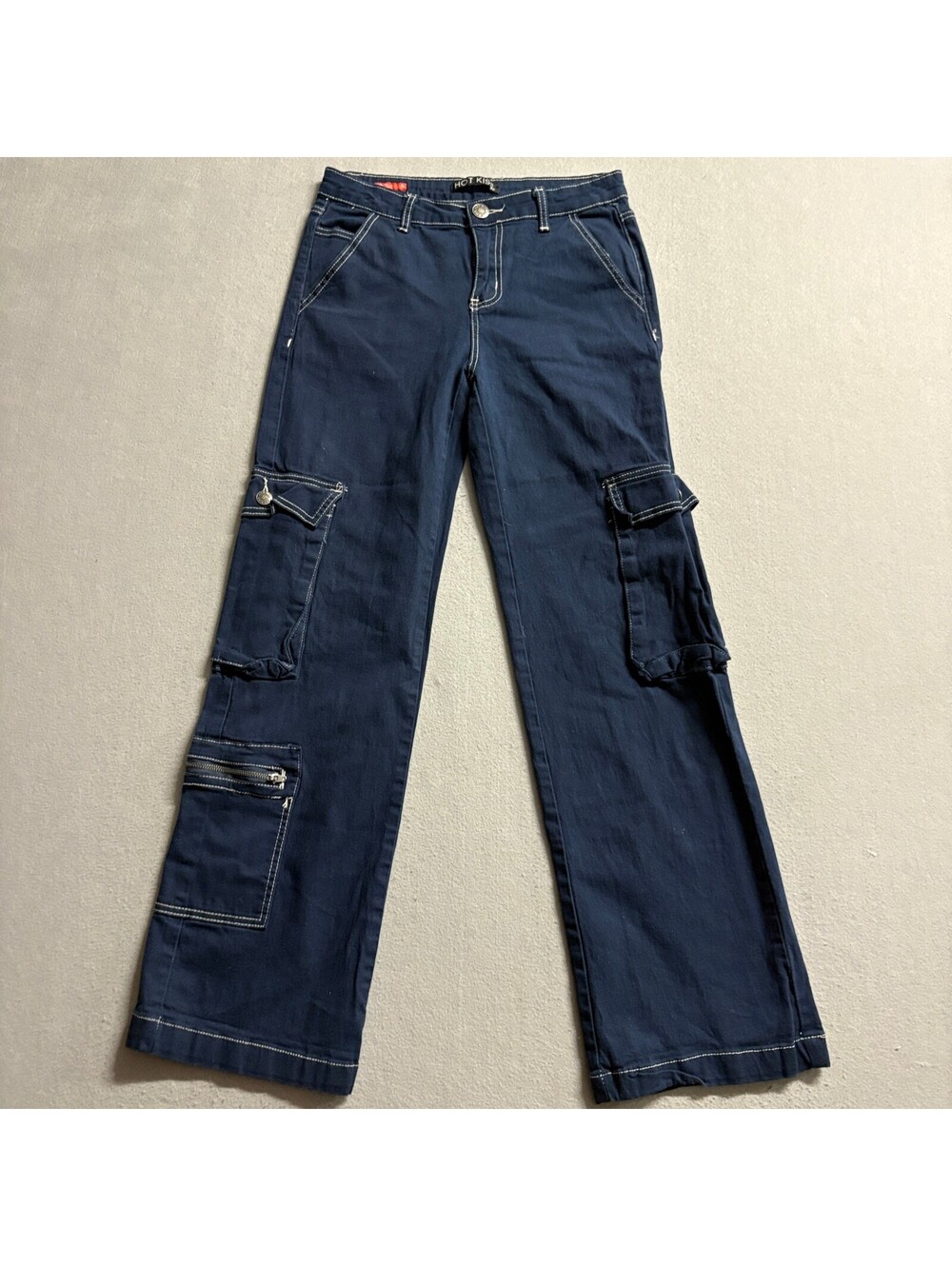 Hot Kiss Cargo Pants Womens 5 Navy Blue Mid Rise Wide Leg Contrast Stitch Y2K